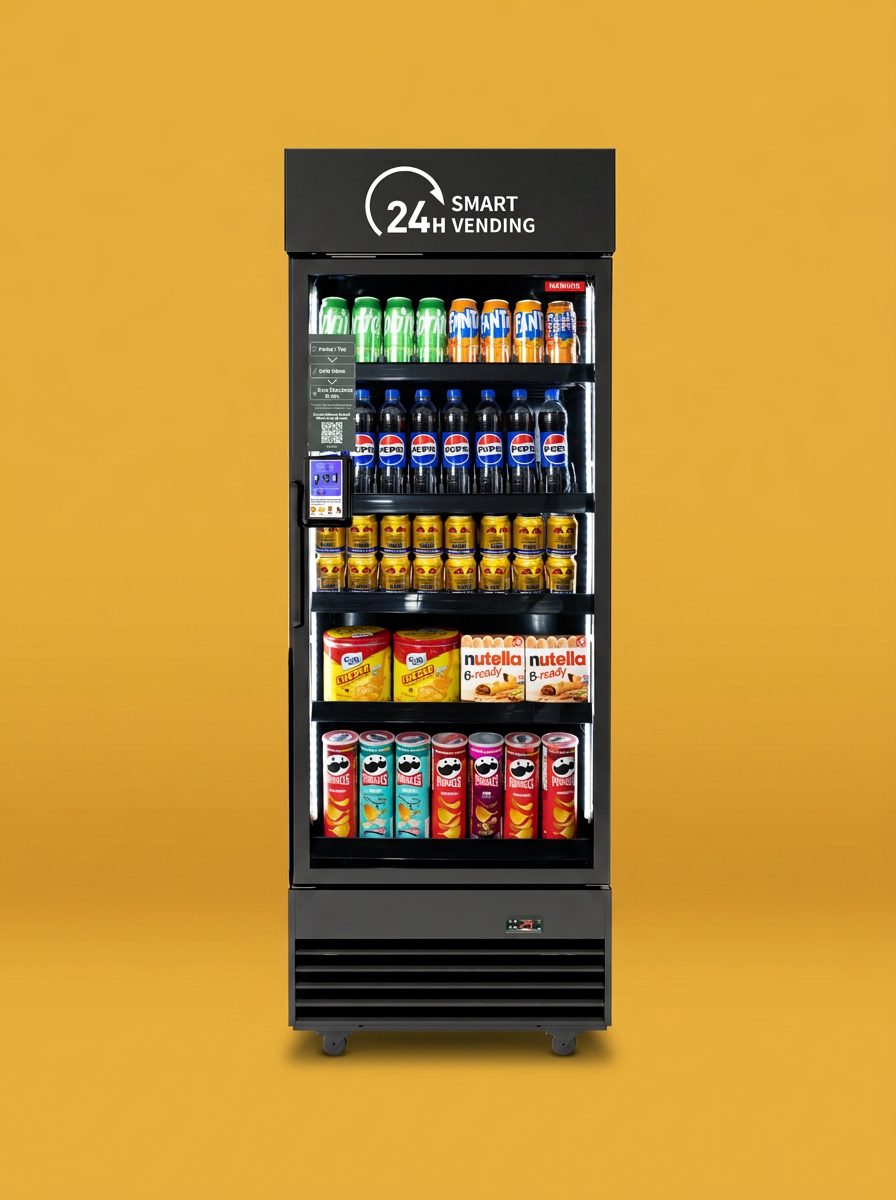 Modern AI vending machine with touchscreen and stocked shelves