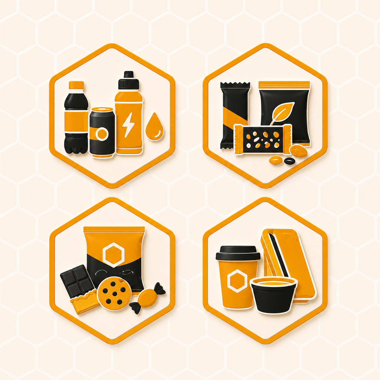 Curated assortment of snacks and bottled drinks